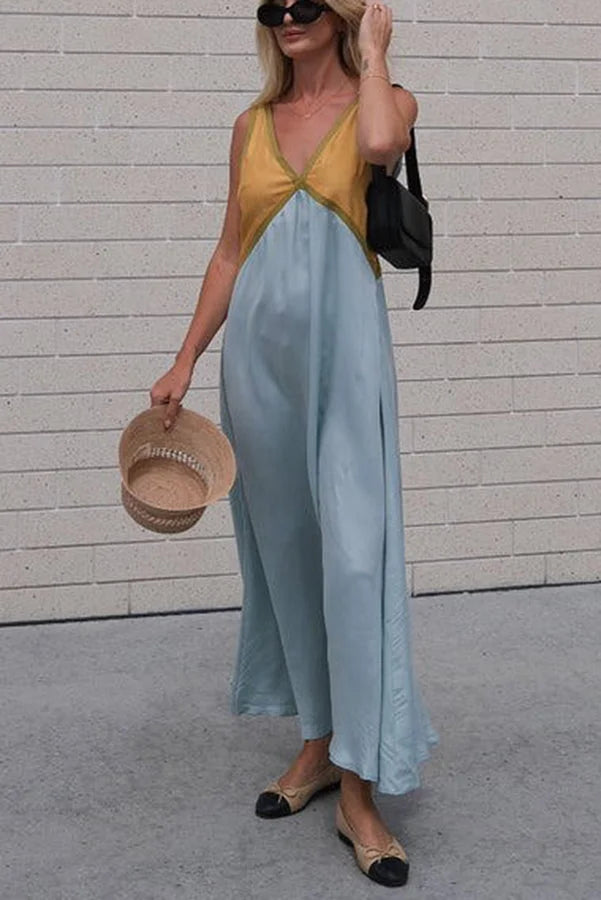 Mouwloze contrast zomerjurk voor vrouwen | Maxi
