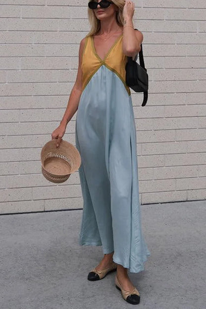 Mouwloze contrast zomerjurk voor vrouwen | Maxi