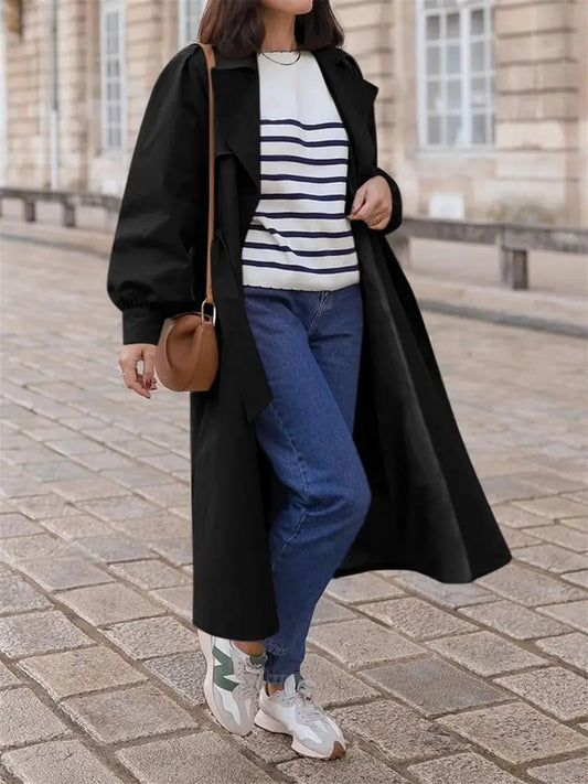 Waterdichte Maxi Trenchcoat Voor Dames Met Ceintuur En Ballonmouwen