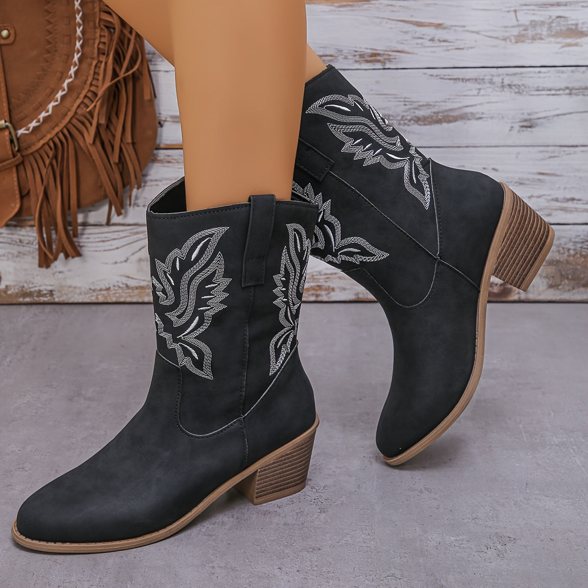 Zwarte Vintage Dames Cowboylaarzen Met Stiksels