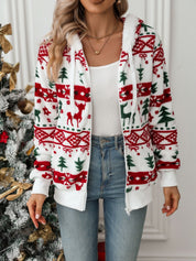 White Christmas Hoodie for Women with Knitted Reindeer Print, Warm