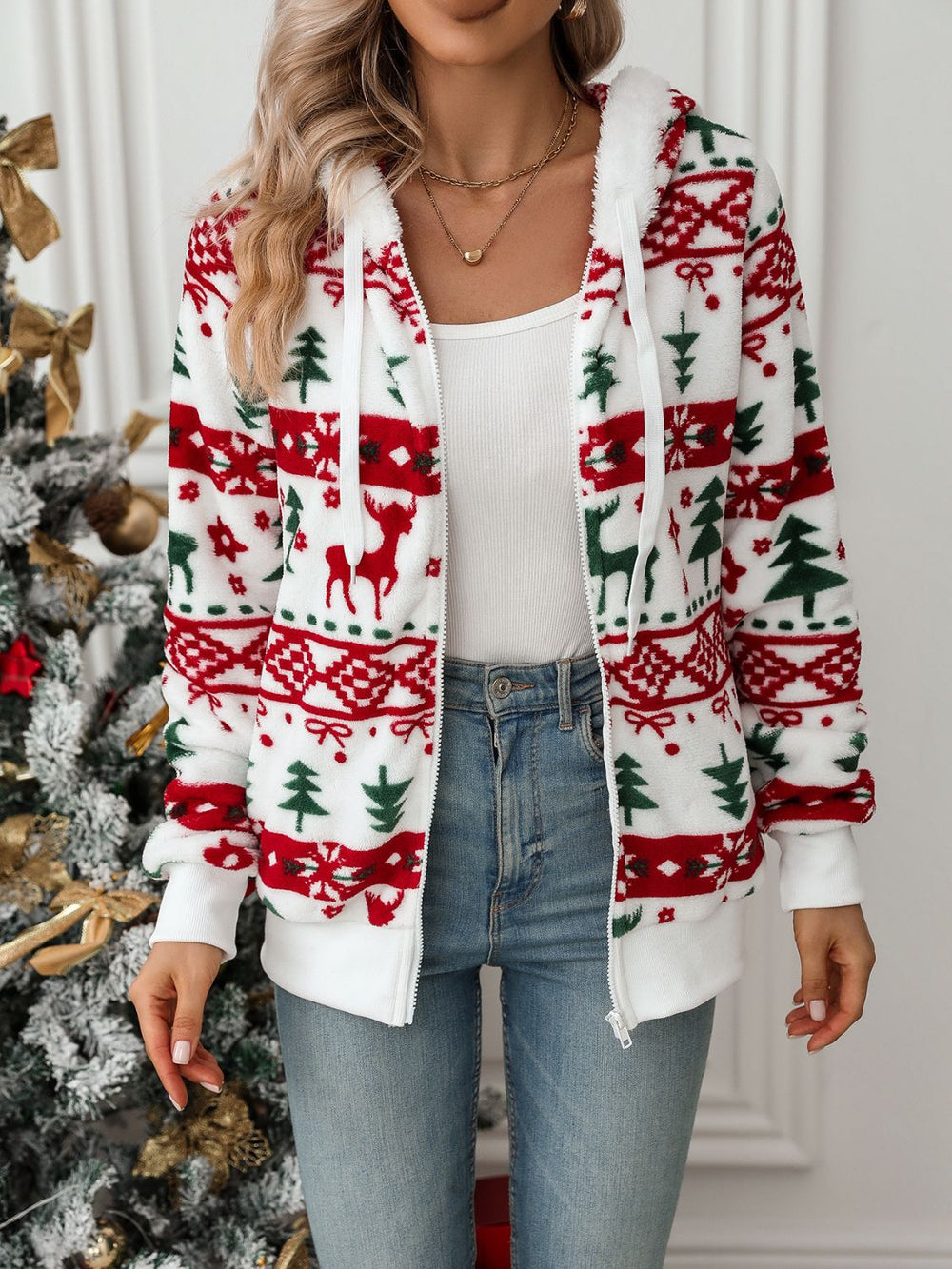 White Christmas Hoodie for Women with Knitted Reindeer Print, Warm