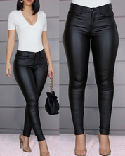 Dames Vrouwelijke Skinny Broek in Leerlook met Stretch en Zakken