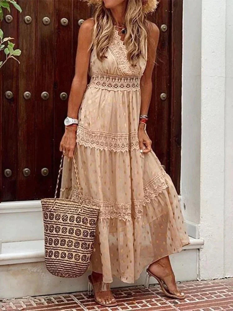 Kaia - Sleeveless Bohemian Women's Maxi Dress with Lace