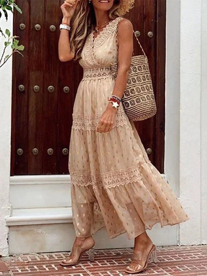 Kaia - Mouwloze Bohemian Dames Maxi Jurk met Kant
