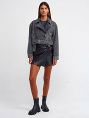 Gray Denim Jacket with Diagonal Zipper and Buckle Detail for Women
