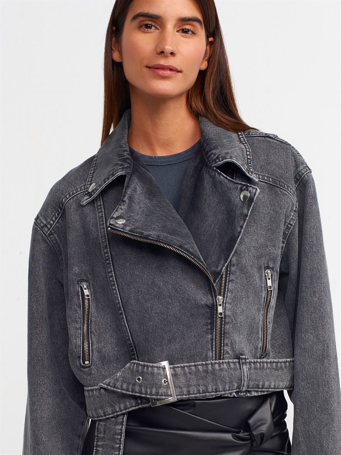 Gray Denim Jacket with Diagonal Zipper and Buckle Detail for Women