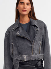 Gray Denim Jacket with Diagonal Zipper and Buckle Detail for Women