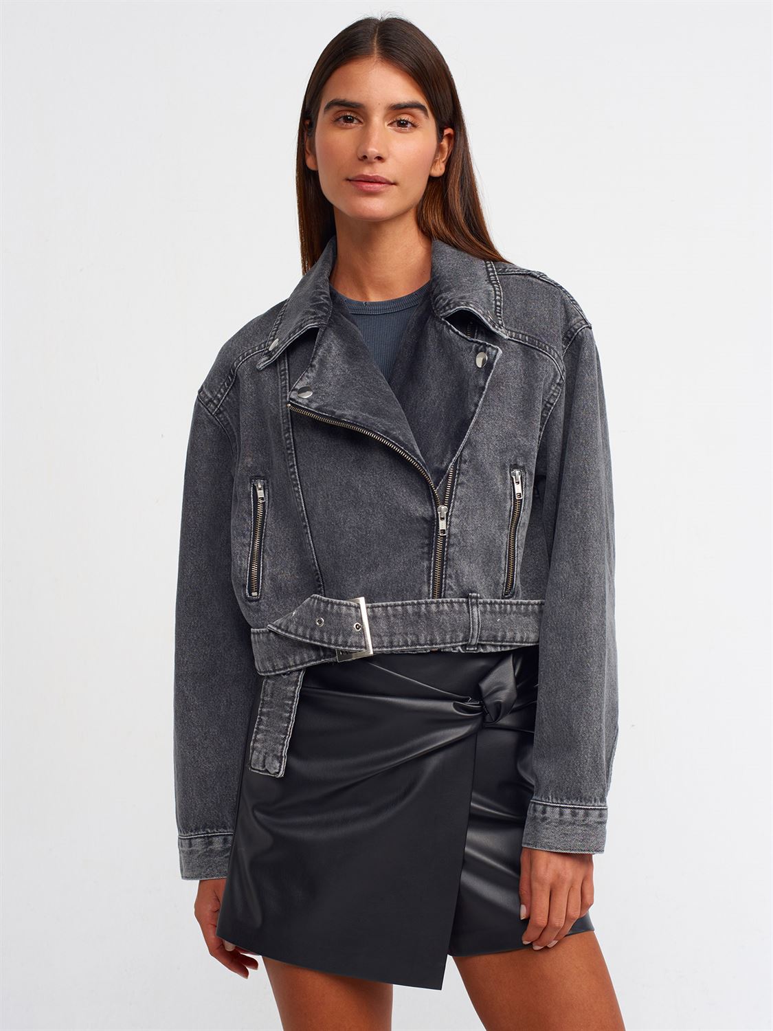 Gray Denim Jacket with Diagonal Zipper and Buckle Detail for Women
