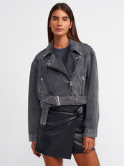 Gray Denim Jacket with Diagonal Zipper and Buckle Detail for Women
