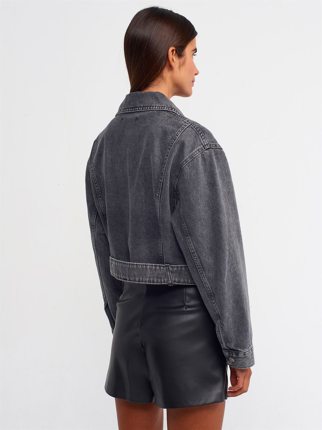 Gray Denim Jacket with Diagonal Zipper and Buckle Detail for Women