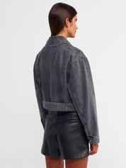 Gray Denim Jacket with Diagonal Zipper and Buckle Detail for Women
