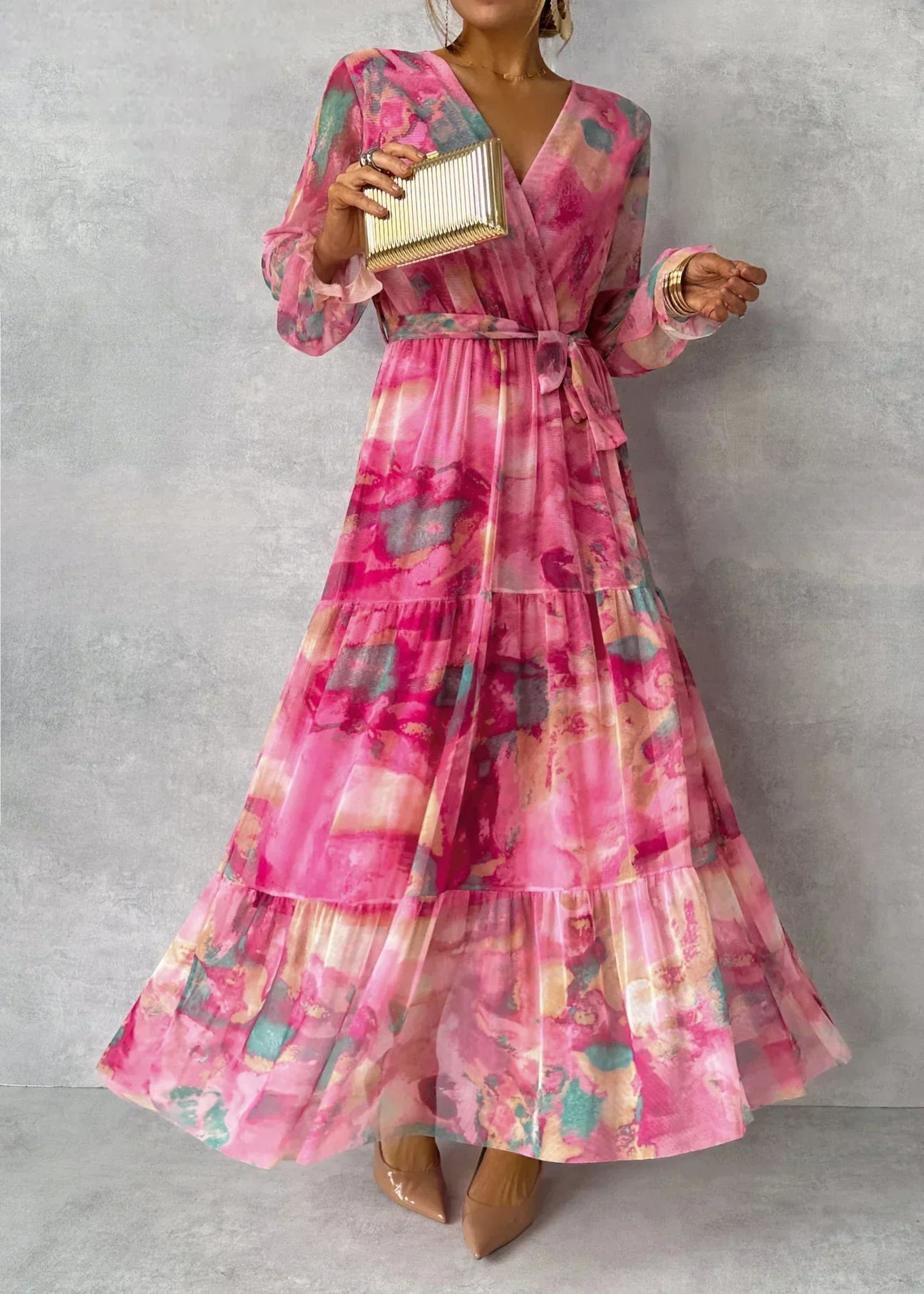 Fallon - Maxi wikkeljurk van chiffon met kleurrijke print