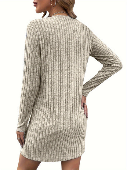 Trendy Geribde Mini Sweaterjurk Voor Dames Met Rits V-Hals