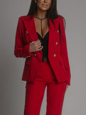 Elegante Blazer En Broek Set Met Goudkleurige Knopen Voor Dames