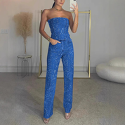 Dames Glitter Set Met Strapless Pailletten Croptop En Jeans
