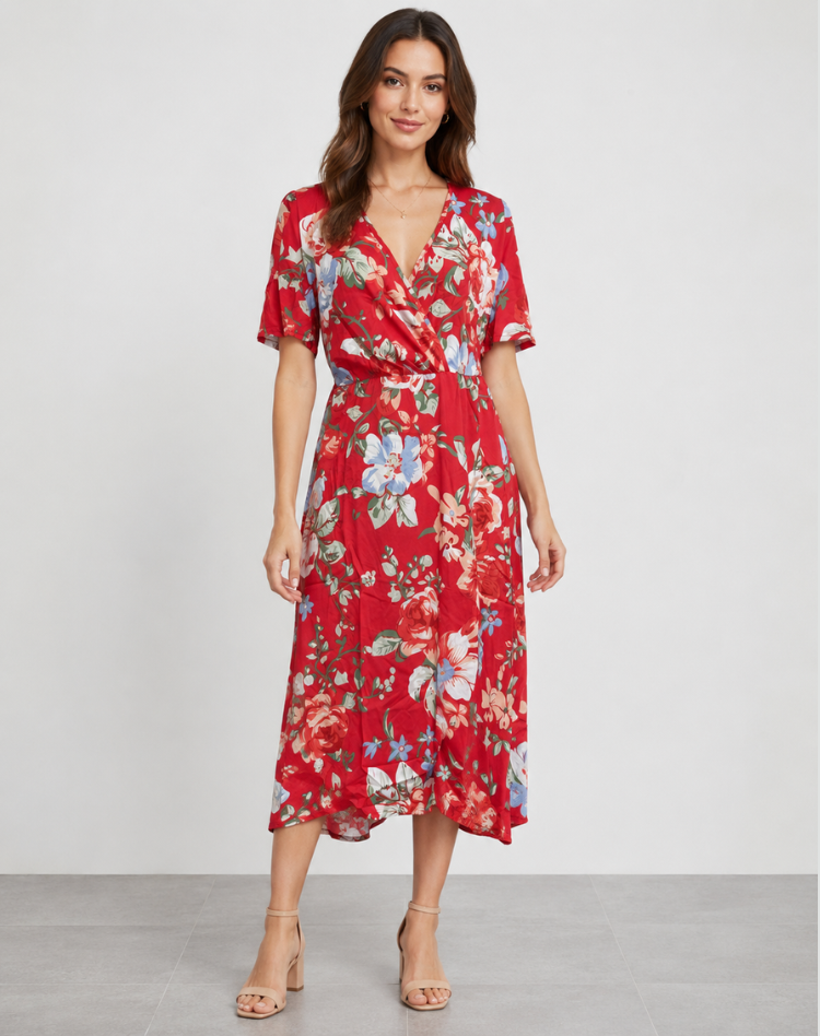Women's Midi Dress with V-Neck and Floral Print
