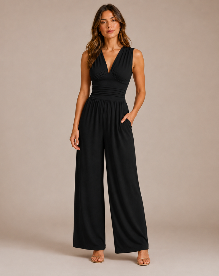 Women's Stylish Jumpsuit with Deep V-Neck and Wide Legs