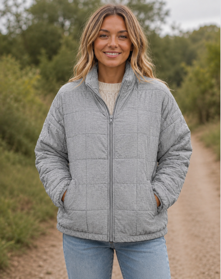 Quilted Bomber Jacket with Zipper and Side Pockets