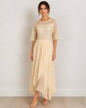 Robe midi élégante femme avec dentelle et coupe fluide confortable