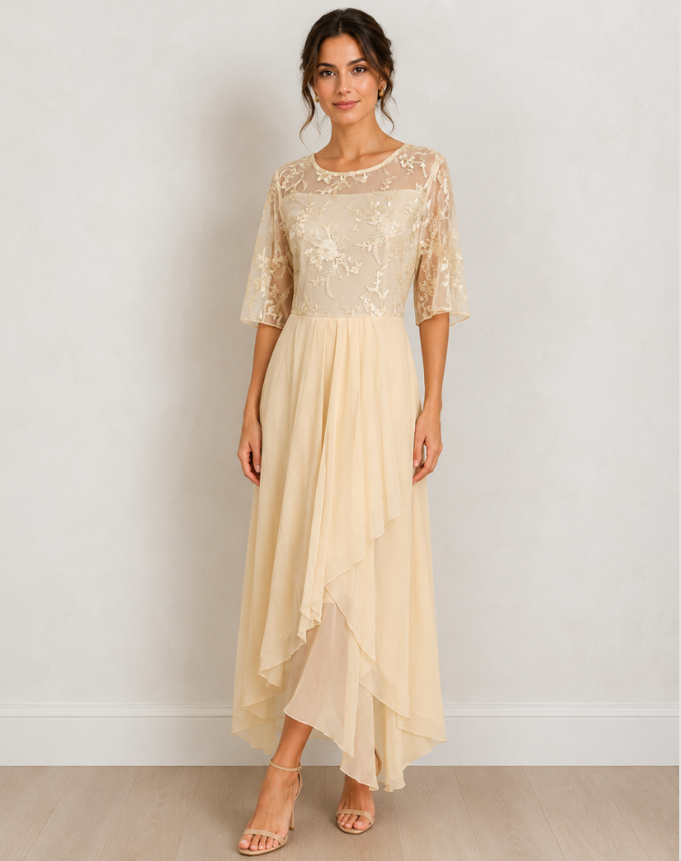 Robe midi élégante femme avec dentelle et coupe fluide confortable