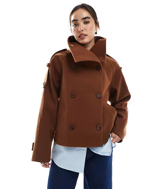 Korte Pea Coat voor Dames met Hoge Kraag en Dubbele Knoopsluiting