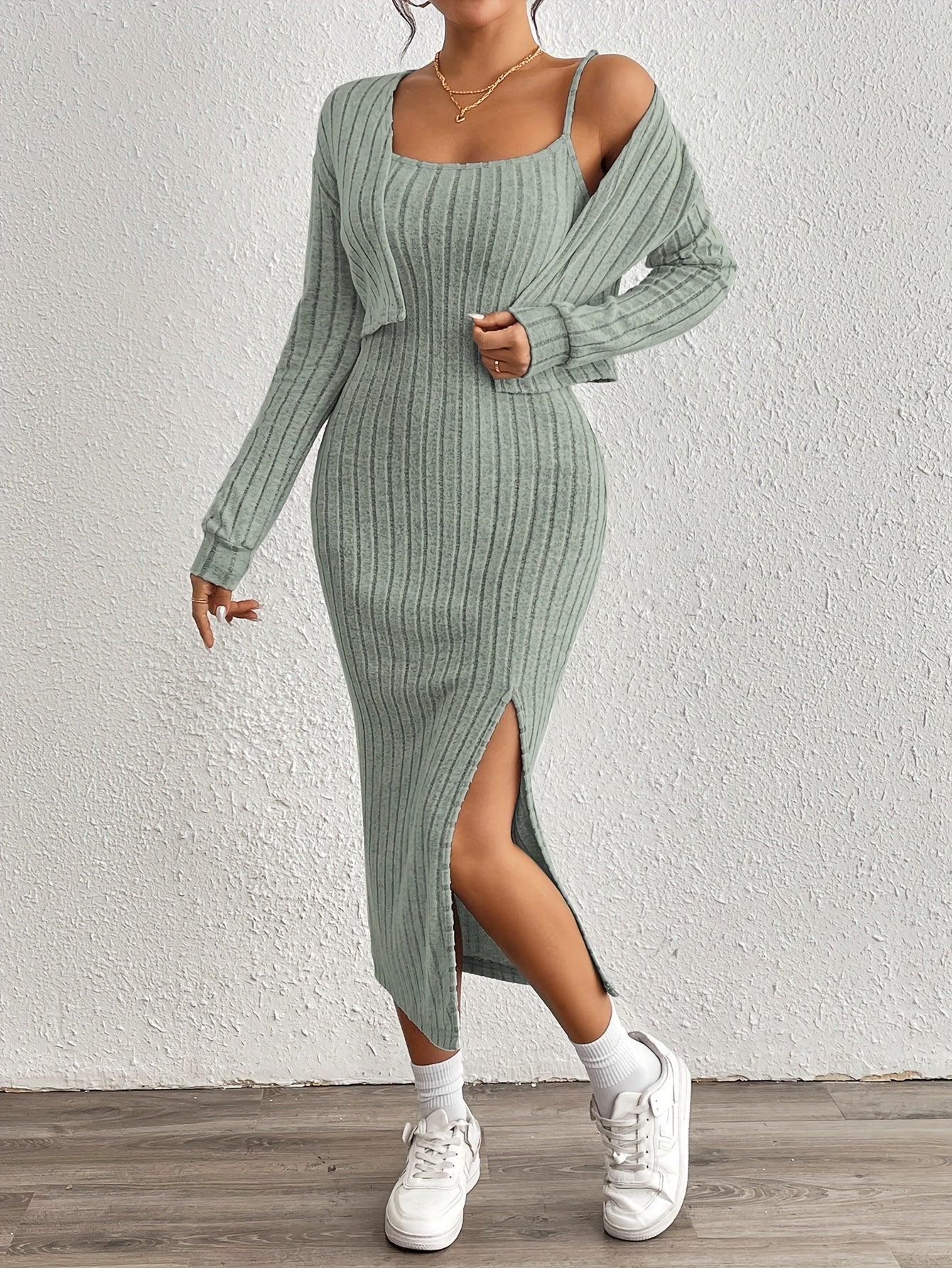 Trendy Aansluitende Midi jurk Set Voor Dames Met Kort Vest En Split