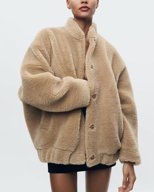 Bruin Oversized Fleece Winterjas Voor Vrouwen