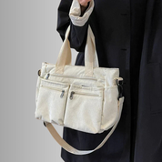 Women's casual corduroy shopper bag with zippered compartments and shoulder strap
