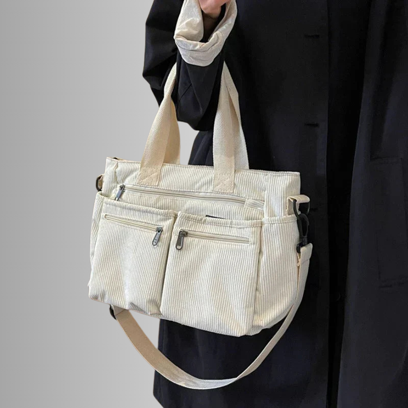 Women's casual corduroy shopper bag with zippered compartments and shoulder strap