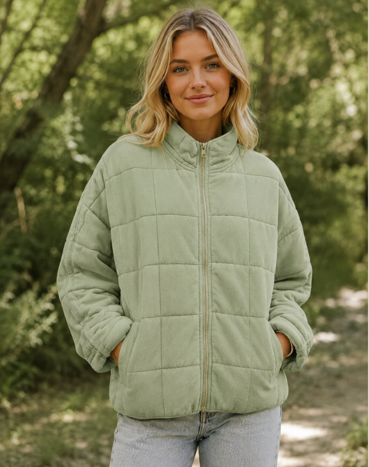 Quilted Bomber Jacket with Zipper and Side Pockets