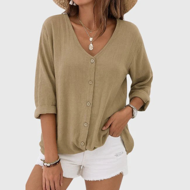 Luchtige V-Hals Blouse Met Knoopsluiting Voor Vrouwen