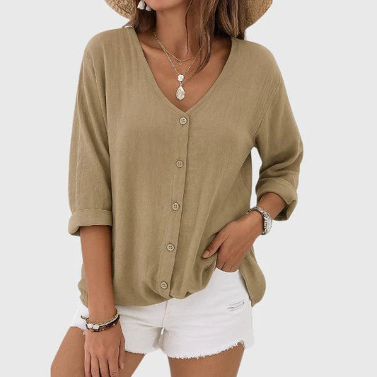 Luchtige V-Hals Blouse Met Knoopsluiting Voor Vrouwen