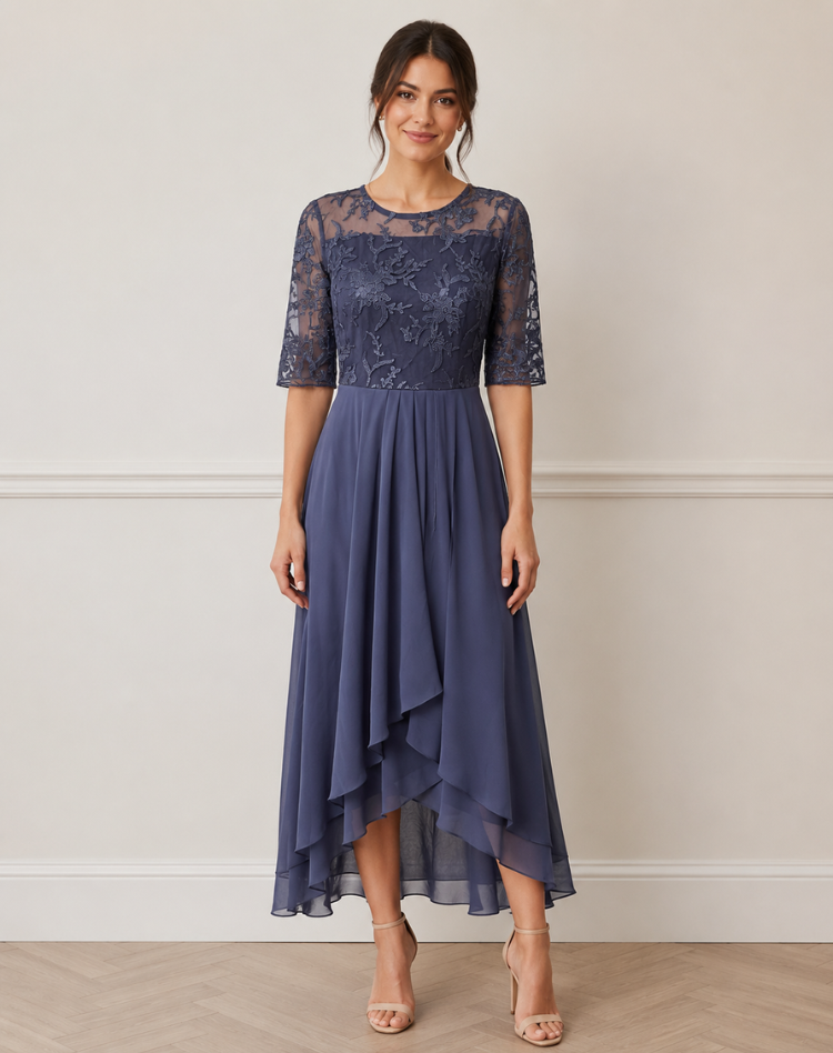 Robe midi élégante femme avec dentelle et coupe fluide confortable