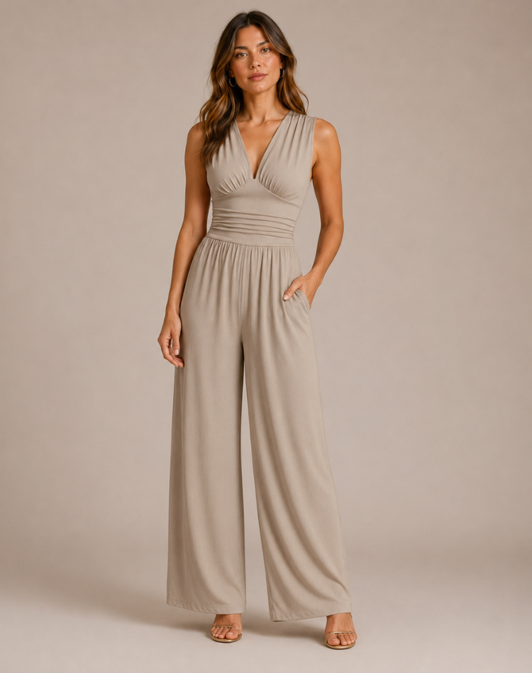 Women's Stylish Jumpsuit with Deep V-Neck and Wide Legs