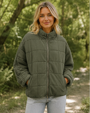 Quilted Bomber Jacket with Zipper and Side Pockets