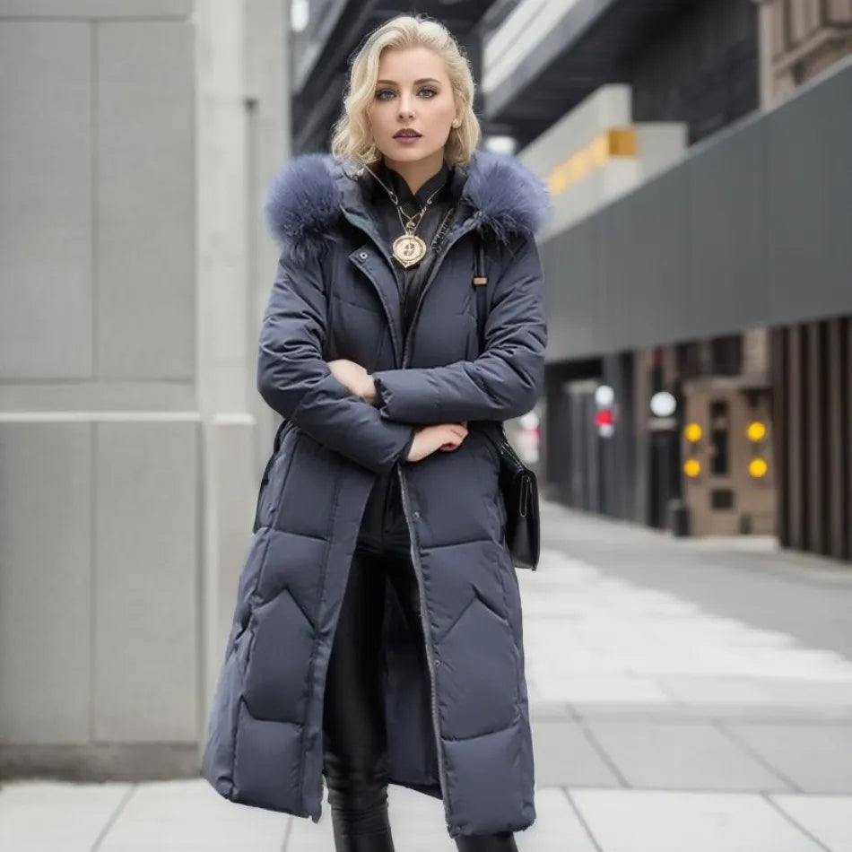 Dames Lange Puffer Winterjas met Capuchon en Bontkraag en Warm