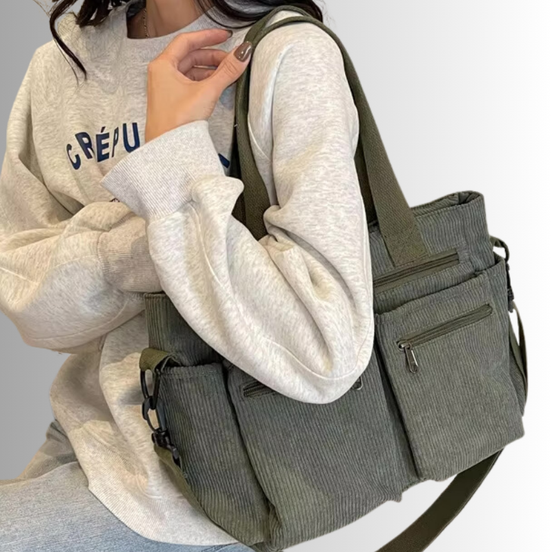 Women's casual corduroy shopper bag with zippered compartments and shoulder strap