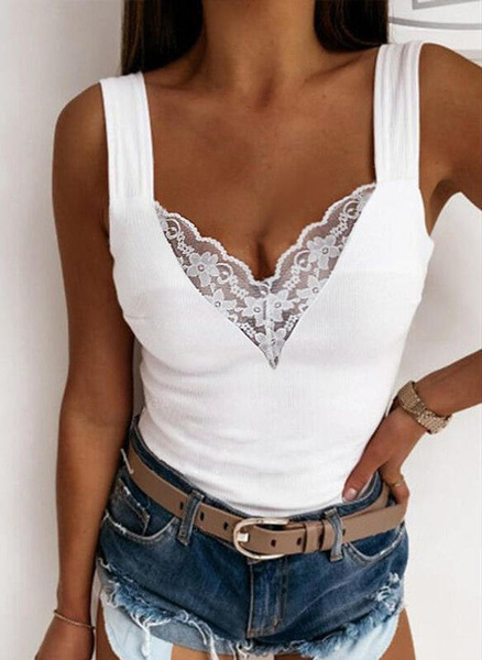 Top en dentelle avec col en V et larges bretelles pour femmes