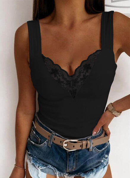Top en dentelle avec col en V et larges bretelles pour femmes