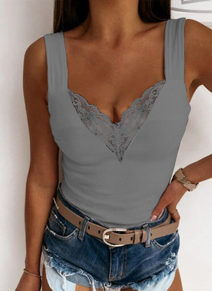 Top en dentelle avec col en V et larges bretelles pour femmes