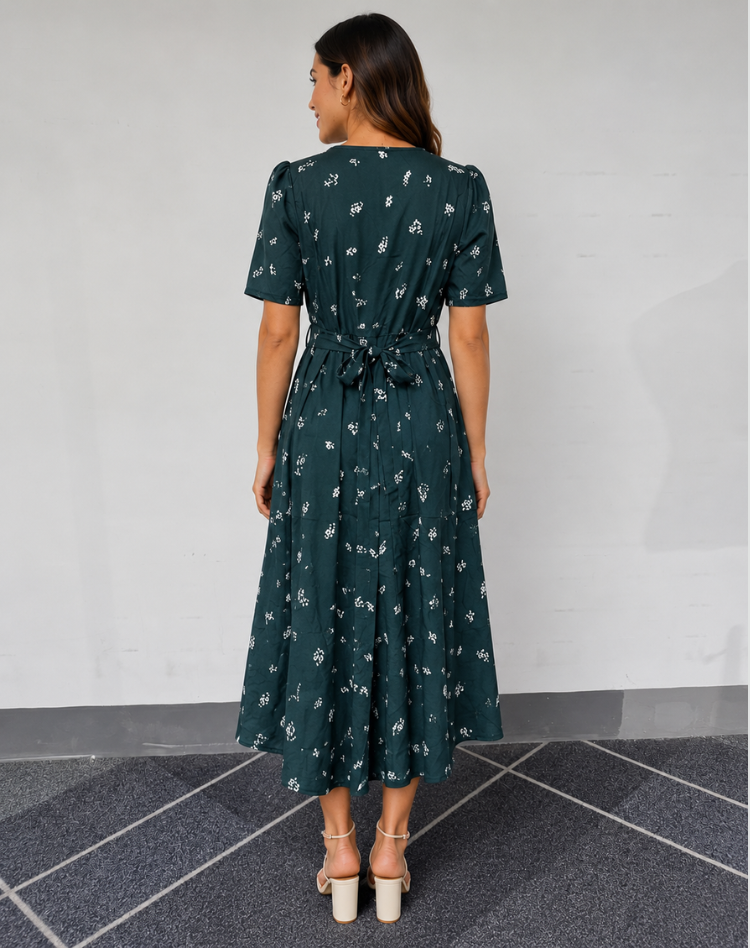 Women's Midi Dress with V-Neck and Floral Print