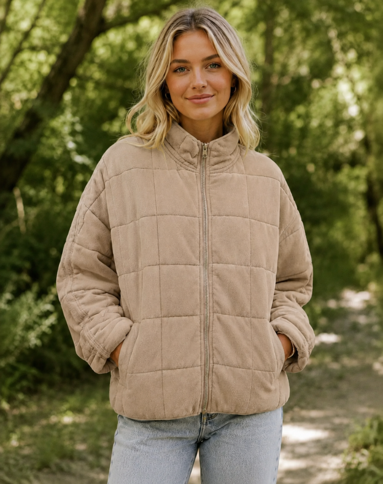 Quilted Bomber Jacket with Zipper and Side Pockets