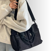 Women's casual corduroy shopper bag with zippered compartments and shoulder strap