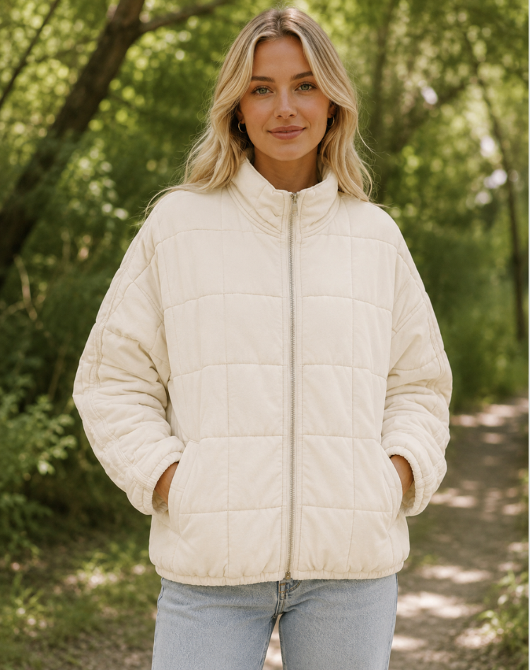 Quilted Bomber Jacket with Zipper and Side Pockets