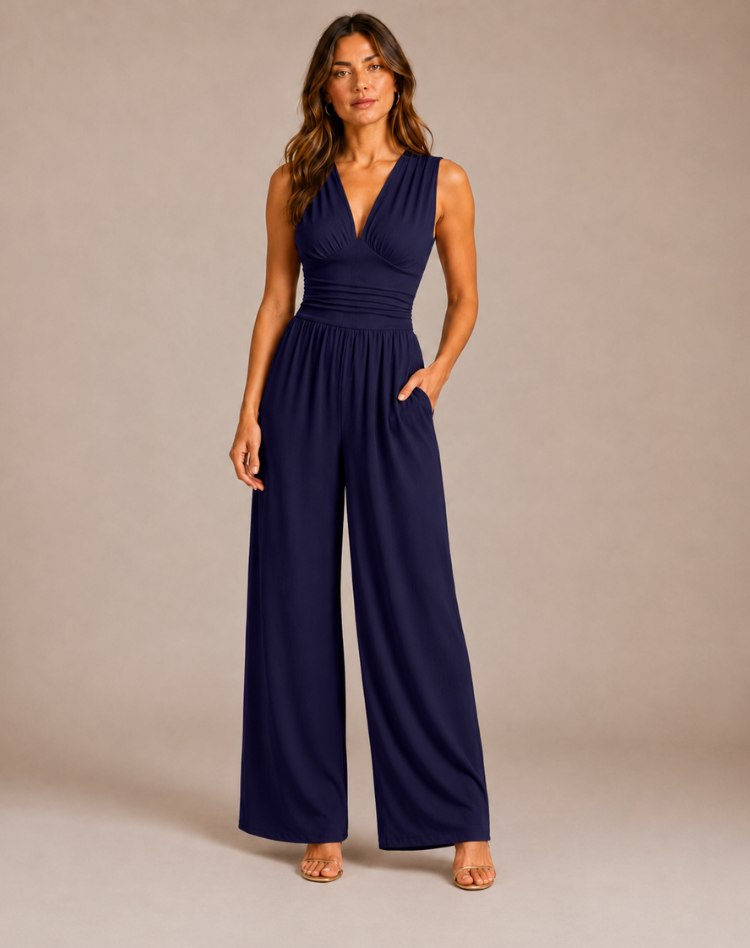 Women's Stylish Jumpsuit with Deep V-Neck and Wide Legs