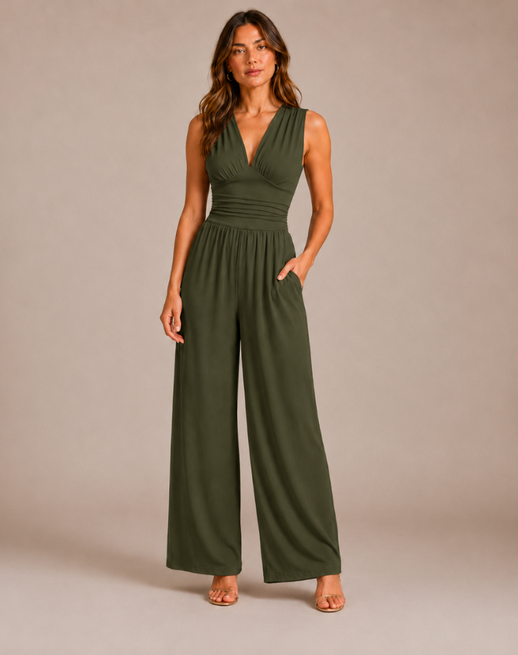 Women's Stylish Jumpsuit with Deep V-Neck and Wide Legs