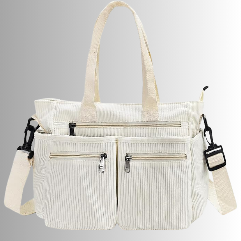 Women's casual corduroy shopper bag with zippered compartments and shoulder strap