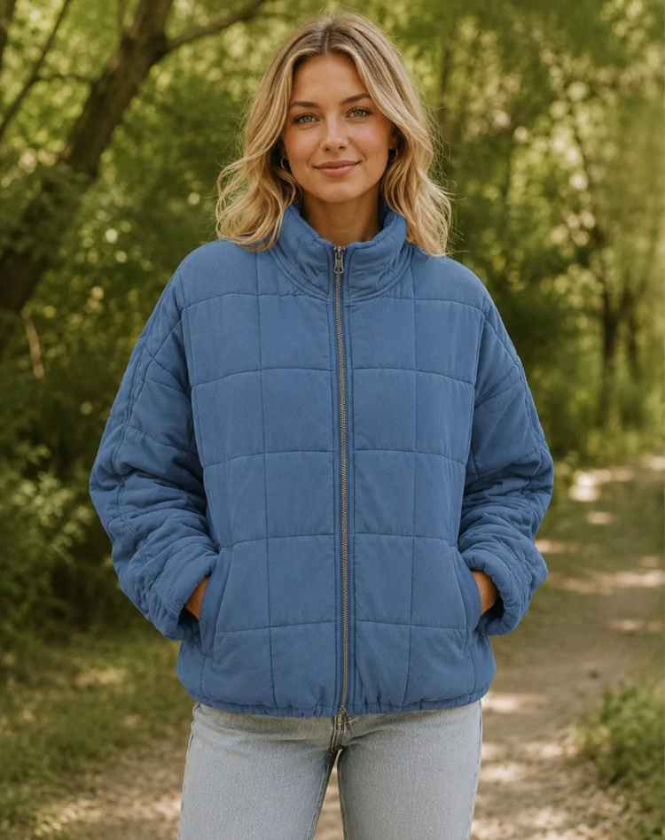 Quilted Bomber Jacket with Zipper and Side Pockets