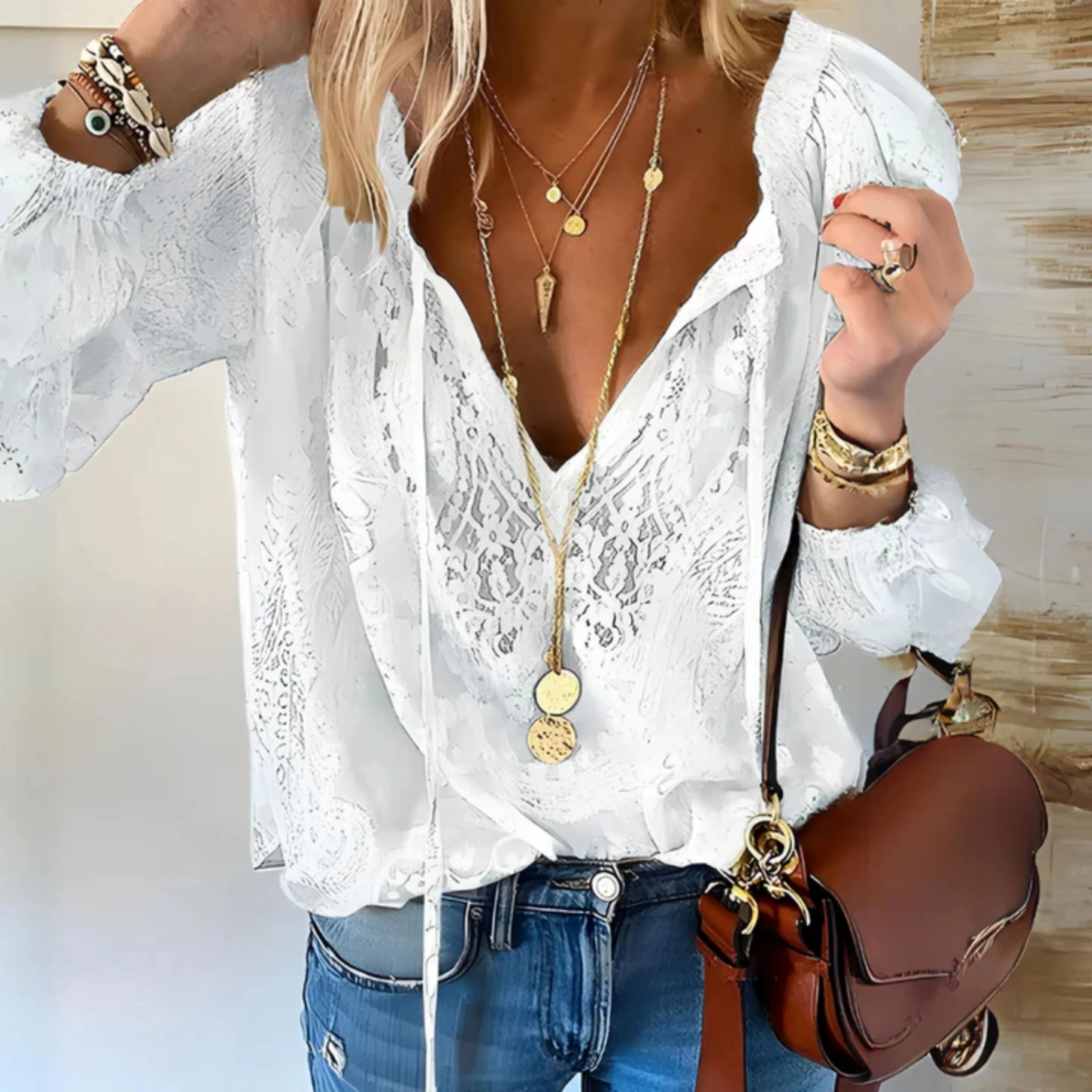 Airy Boho Blouse with Lace and V-Neck for Women